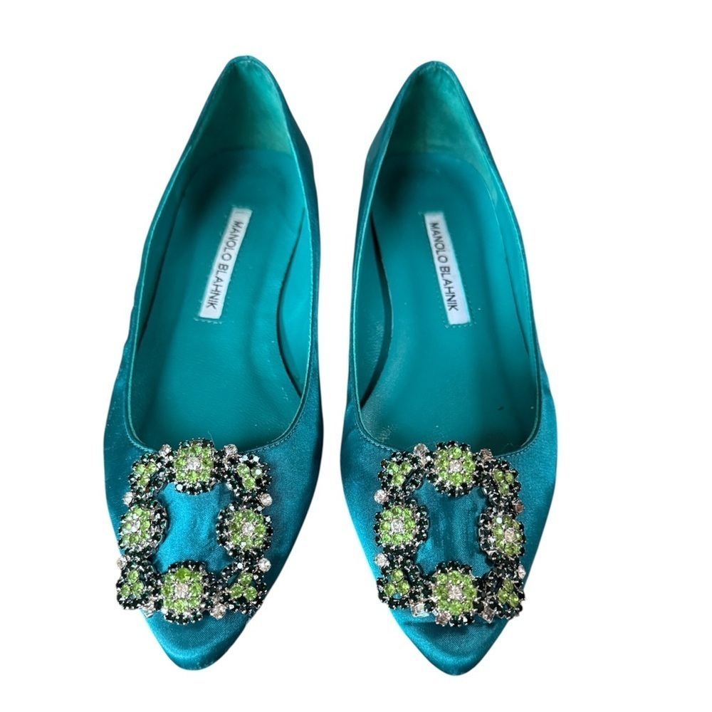 Manolo Blahnik Hangisi Green Satin Flats with they signature crustal buckle 36